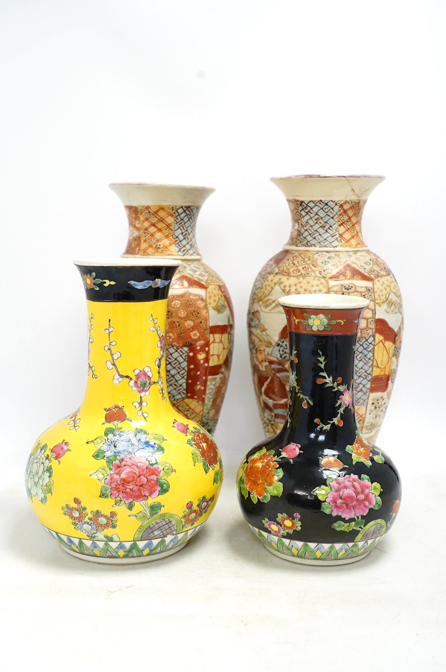 A pair of Japanese enamelled vases and a pair of brocaded Satsuma vases, tallest 32cm high., Condition - fair